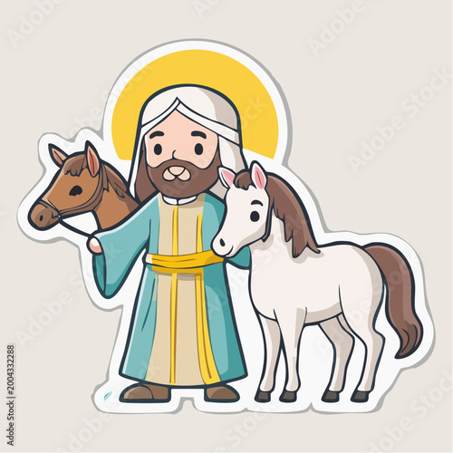 Cartoon Saint Joseph with Two Horses and Halo