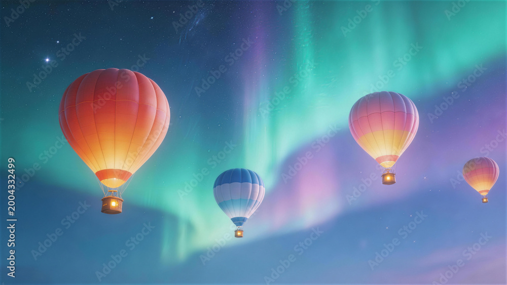 Fototapeta premium Dreamscape Balloon Voyage: Colorful hot air balloons ascend into the twilight, illuminated against the backdrop of vibrant aurora borealis, creating an awe-inspiring spectacle of travel.