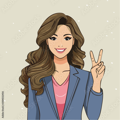 Smiling Woman in Business Suit Making Peace Sign