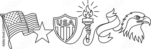 American flag stars and stripes shield torch banner and eagle emblem isolated on transparent background