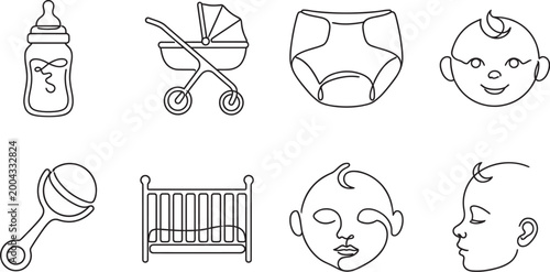 Collection of continuous line art icons representing baby items and faces