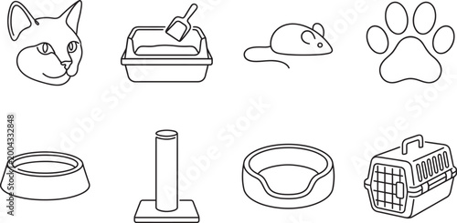 Collection of line art icons representing common pet care items and accessories for domestic animals