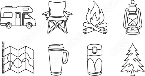 Collection of linear icons representing camping and outdoor adventure elements for travel and leisure