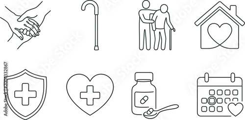 Collection of linear healthcare and assistance icons representing care and medical support services