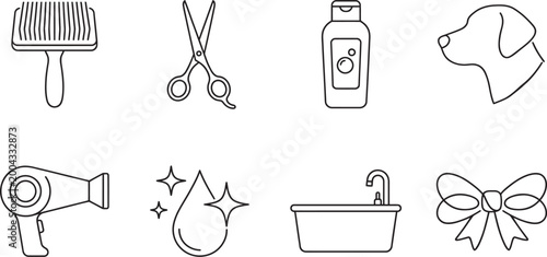 Collection of simple line art icons representing dog grooming tools and accessories for a pet care business