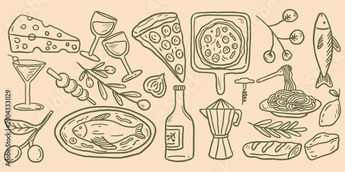Hand drawn italian food and mediterranean cuisine doodle set. Gourmet restaurant menu icons with pizza, wine, and seafood vector illustration