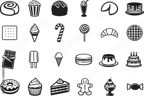 Dessert outline icon set with editable strokes for sweets, bakery, and confectionery design use.