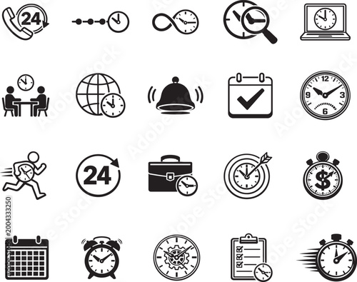Monochrome time schedule icon set with clocks and planners for deadline and calendar design use.