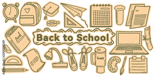 Hand drawn back to school supplies doodle illustration set. Back to school vector elements with stationery and education icons