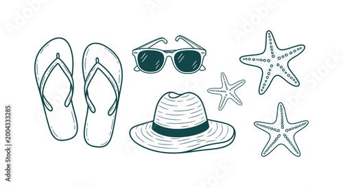 Schilderij op canvas Hand Drawn Summer Beach Collection Featuring Flip Flops Sunglasses Sun Hat and S