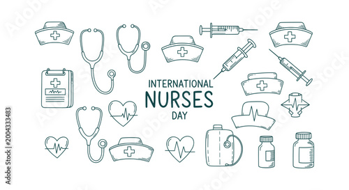 Foto International Nurses Day Hand Drawn Doodle Vector Illustrations with Medical Ico