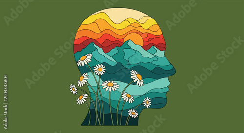 Fotografía Human Head Profile with Nature Landscape
