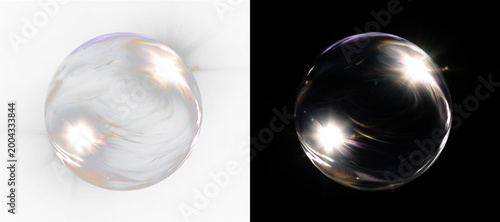 Large transparent soap bubble with iridescent colors and bright reflections on split background. Realistic glossy bubble. PNG.