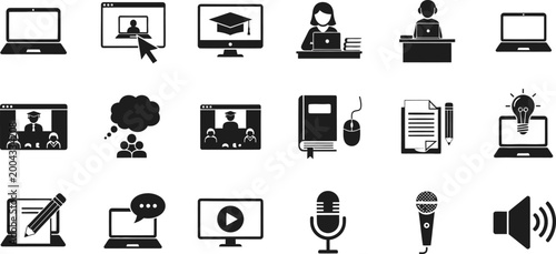 Online education and e learning icons for digital study and remote classes.