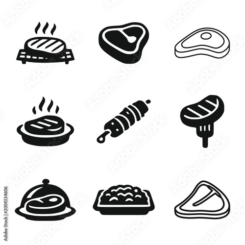 Meat icon set. Beef vector illustration. Steak symbol. BBQ sign. Raw meat isolated pictogram. Grilled steak icon.