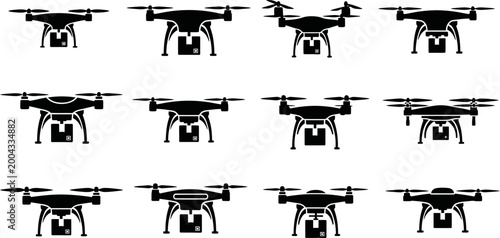 Collection of drone delivery service icons showing quadcopter carrying small parcels boxes.