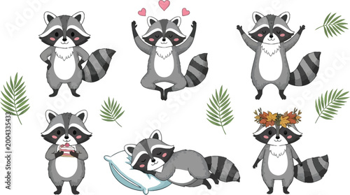 Cute raccoon characters set funny animals in different poses with leaves and hearts cartoon vector illustration collection