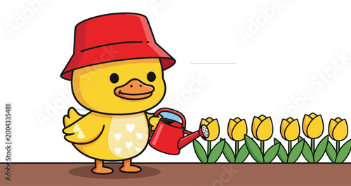 Cute duck watering flowers illustration adorable cartoon duck with watering can and tulips garden vector design