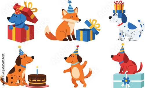 Cute dogs birthday party set puppies with gifts cake and hats festive cartoon vector illustration collection