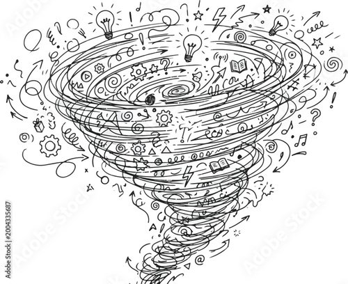 Minimalist doodle illustration of a powerful swirling tornado filled with symbols of ideas, knowledge, and creative energy.
