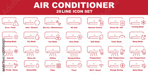 Air Conditioning line icon set featuring AC unit, remote, fan, temperature, snowflake, filter, maintenance, ventilation, installation, and thermometer. 28 HVAC UI, Cooling, Heating, Smart AC Controls