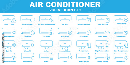 Air Conditioning line icon set featuring AC unit, remote, fan, temperature, snowflake, filter, maintenance, ventilation, installation, and thermometer. 28 HVAC UI, Cooling, Heating, Smart AC Controls