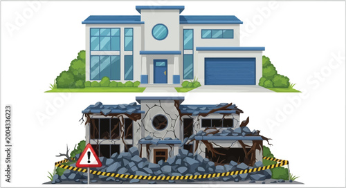 House before and after damage set modern home and разрушенный building earthquake disaster vector illustration collection