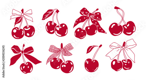 Red cherries with bows in hand-drawn coquete style. Sweet, playful, whimsical design for festive themes. Perfect for Valentines, weddings, or party decorations. Vintage feel with soft, rounded edges