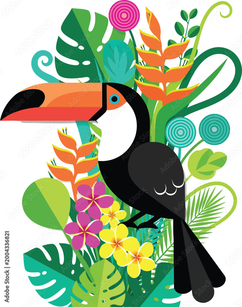 Obraz premium Colorful illustration of a toucan bird surrounded by tropical plants and flowers in a vibrant jungle setting with green leaves