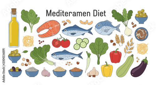 A vibrant illustration of various Mediterranean diet foods arranged on a white background