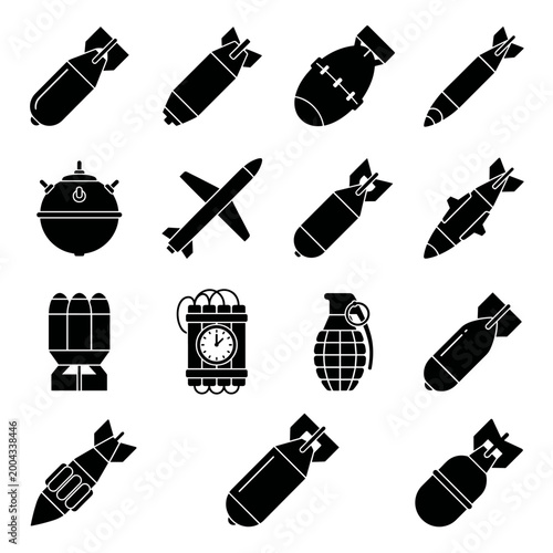 bomb types black and white vector silhouette set
