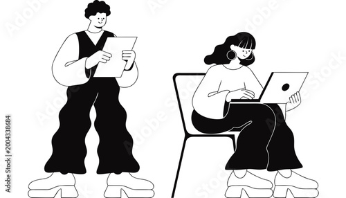 A black-and-white, minimalistic illustration of two people collaborating: one standing and holding a sheet of paper, the other seated with a laptop, drawn with bold outlines to suggest a work or study