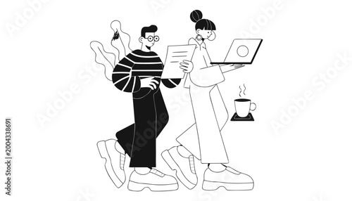 A minimal black-and-white illustration of two casually dressed people walking side by side one holding a sheet of paper, the other an open laptop with a steaming cup of coffee on a saucer nearby.