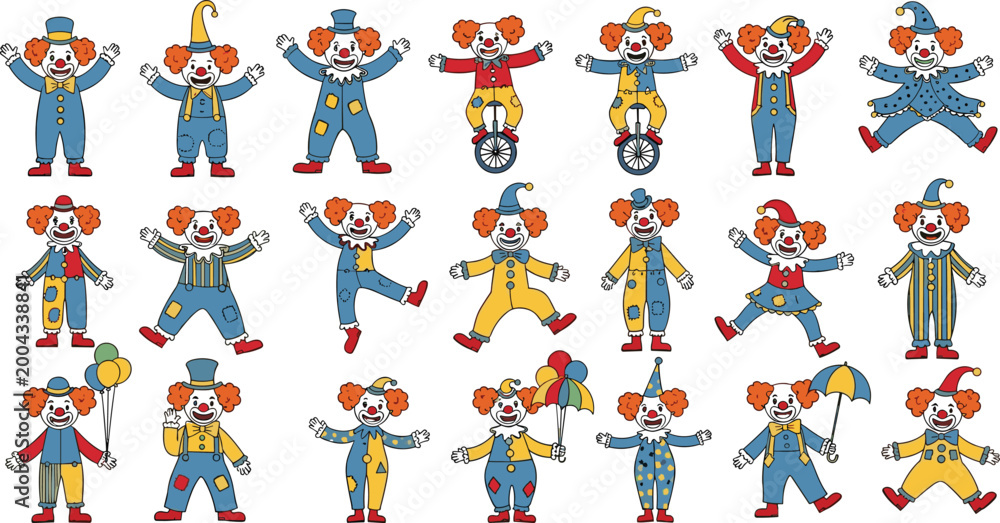 Fototapeta premium Colorful Circus Clown Set with Various Poses and Outfits for Kids, Party, and Fun Event Illustrations