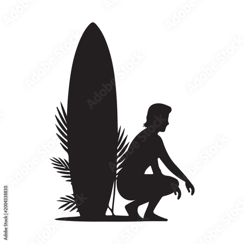Silhouette of person squatting with surfboard and palm leaves isolated on white background.
