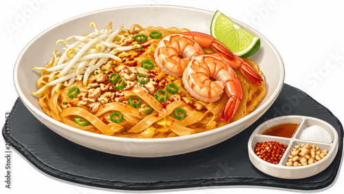 Thai Pad Thai Bowl – Stir-Fried Rice Noodles with Prawns, Peanuts and Lime Vector