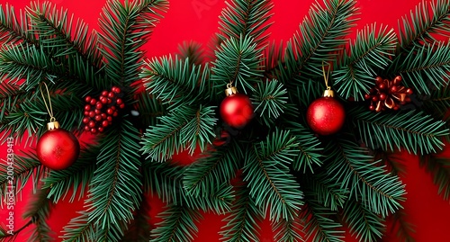 Realistic Christmas holiday background with fir branches and ornaments arranged beautifully over a vibrant red backdrop.