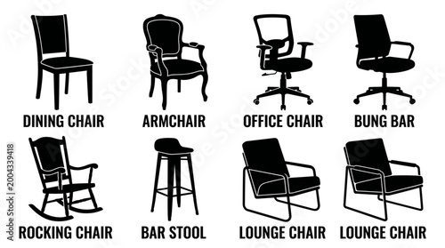 black and white vector silhouette set of chairs types
