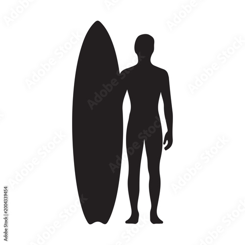Silhouette of a man standing with surfboard isolated on white background.
