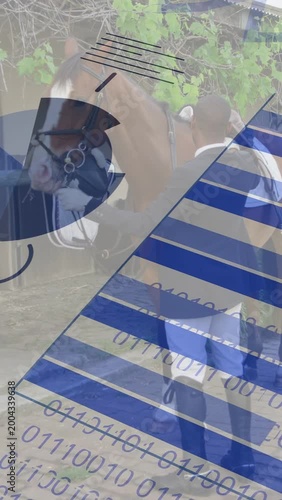 Vertical video: Rider handling tack by stall activating blue stripes covering frame for riding