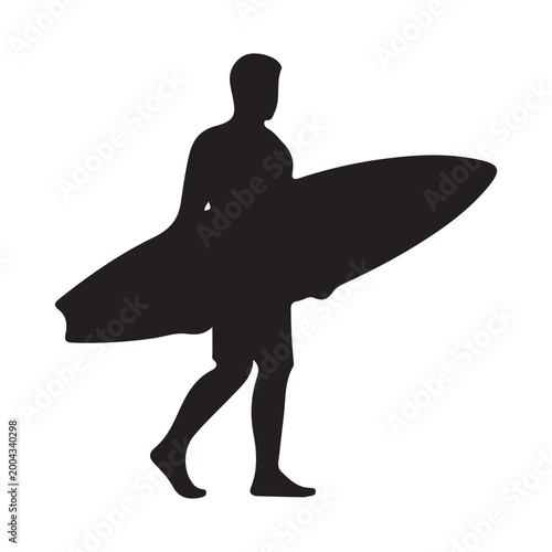 Silhouette of male surfer walking with surfboard isolated on white background.
