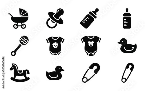 12 Baby icons stroller pacifier bottle rattle duck rocking horse, outline solid styles, UI and web interface design