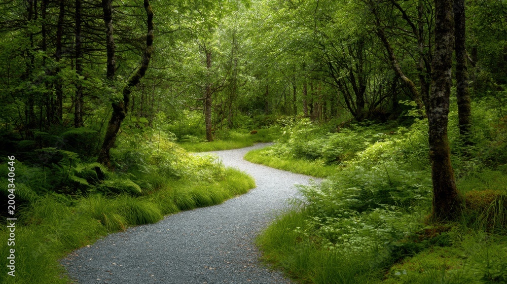 Fototapeta premium Curving gravel path through a lush green forest. Serene nature trail winding among trees and ferns. Peaceful woodland landscape scene for outdoor recreation and hiking adventure concept.