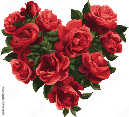 Red rose heart shape, romantic floral arrangement, vintage style illustration for Valentine’s Day, love and wedding design