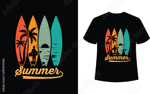 Summer surfing beach sunset vintage style t-shirt design