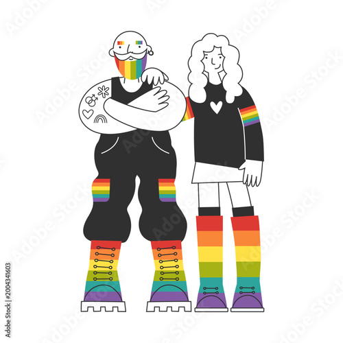 Couple of diverse lgbt characters with rainbow details. Communication, inclusion and equality concept. Connection, love, friendship, identity, queer visibility and pride symbol.