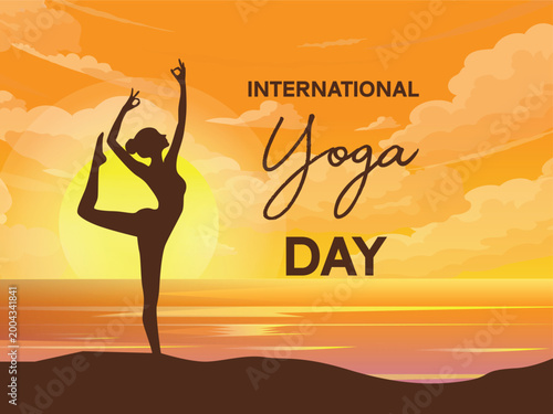 International Yoga Day Banner with Yoga Balance Pose Silhouette and Sunset Sky Background