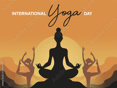 International Yoga Day Banner with Meditation Silhouette and Sunset Landscape for Wellness Design