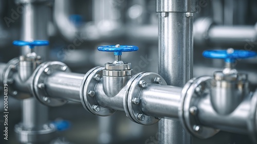 Industrial Metal Infrastructure Steel Pipe System Medium Close-Up Shot Factory Environment Eye-Level Viewpoint Stainless Steel Shallow Depth of Field