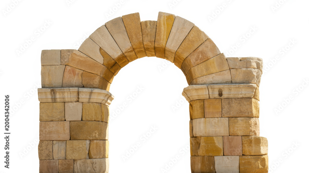 Fototapeta premium Ancient stone archway made of sandstone blocks isolated on a plain white background
